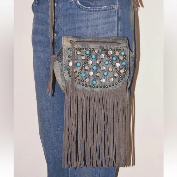 FREE PEOPLE Small Distressed Blue Denim & Gray Leather Fringed Crossbody - Picture 2 of 7